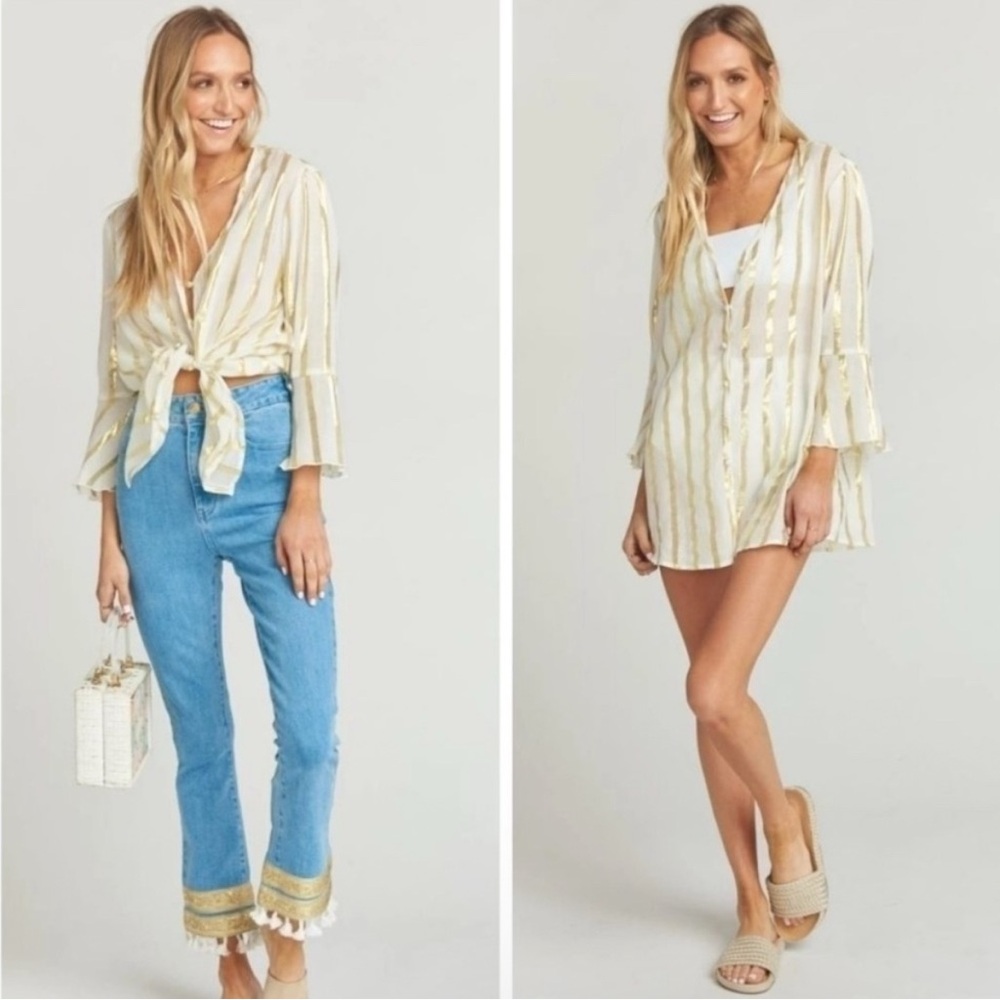 Show Me Your Mumu NWT Mercer Tunic Medium Gold Stripes Beach Cover Up Tie Front